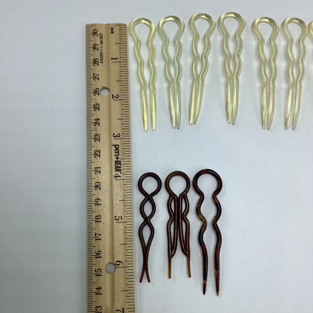 Vintage‎ Lot of 11 Plastic Celluloid U Shape Wavy French Hair Pins Clear, Brown